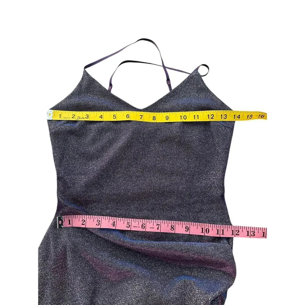 Q Women Purple Glitter Shimmer Asymmetrical Spaghetti Strap Side Ruched Dress S - Picture 2 of 8